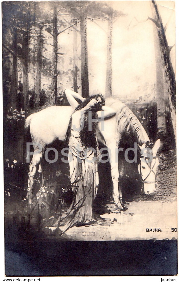 painting by Bajka - Woman - Horse - art - old postcard - Imperial Russia - unused - JH Postcards
