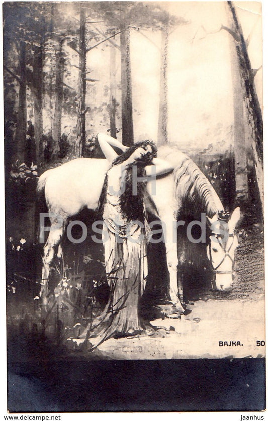 painting by Bajka - Woman - Horse - art - old postcard - Imperial Russia - unused - JH Postcards