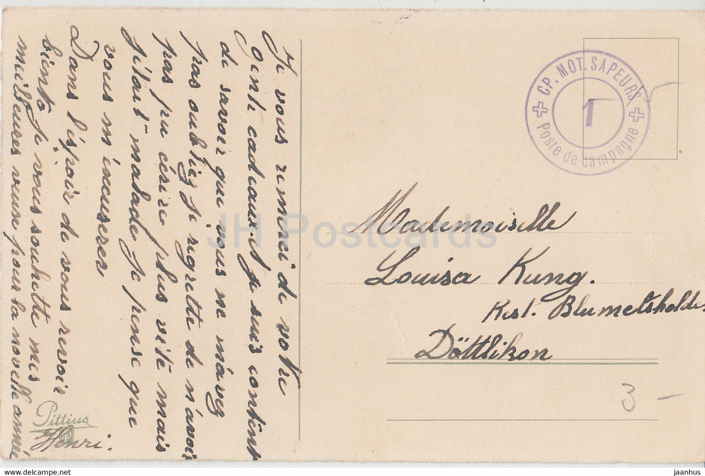 rose rose - fleurs - Pittius - CP Mot Sapeurs - carte postale ancienne - occasion