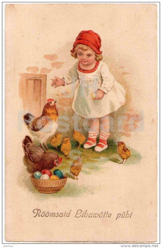 Easter greeting card - girl - hen - eggs - chicken - EAS 5120 - circulated in Estonia Tallinn 1927 - JH Postcards