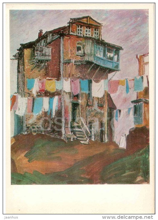 painting by Elena Akhvlediani - An Old House , 1969 - georgian art - unused - JH Postcards