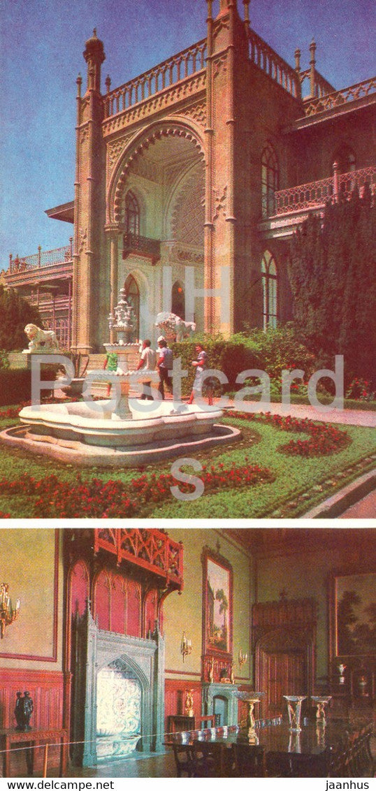 Yalta - The southern facade of the Alupka Palace Museum - interior of dining room  Crimea - 1982 - Ukraine USSR - unused - JH Postcards