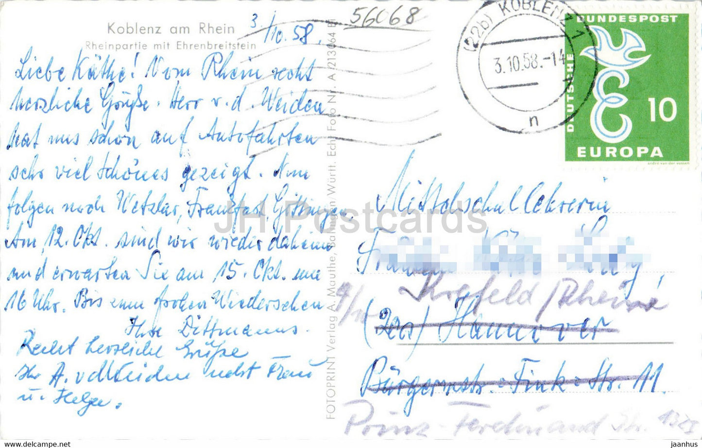 Koblenz am Rhein - Rheinpartie mit Ehrenbreitstein - ship - old postcard - 1958 - Germany - used