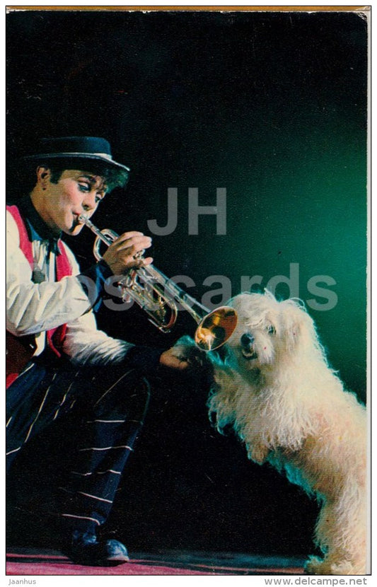 clown Yevgeny Maykhrovsky - dog - trump - Animals in Circus - 1975 - Russia USSR - unused - JH Postcards