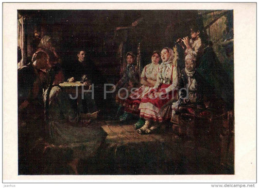 painting by P. Kiparisov - Ivanov listen to songs , 1957 - folk song - russian art - unused - JH Postcards