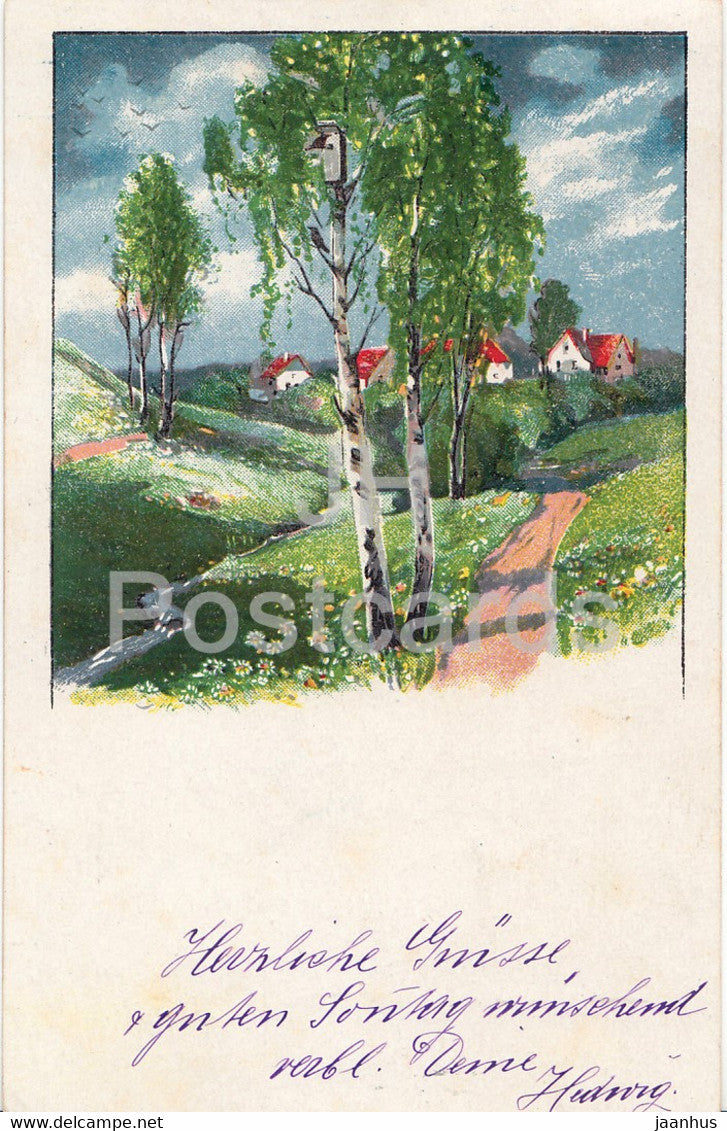 village view - birch - illustration - S V D 3196/4 - old postcard - 1920 - used - JH Postcards