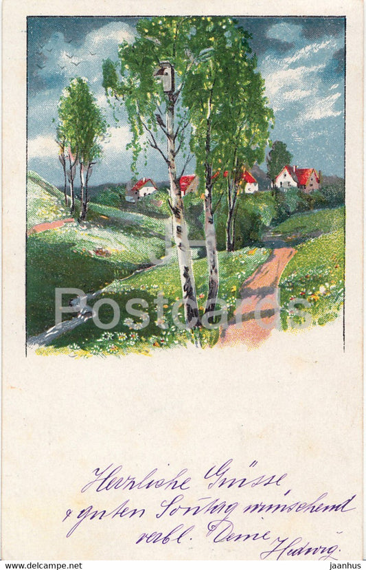 village view - birch - illustration - S V D 3196/4 - old postcard - 1920 - used - JH Postcards