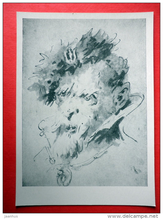drawing by Giovanni Battista Tiepolo - Portrait of an Old Man in a Fur Hat with Agraphia - italian art - unused - JH Postcards