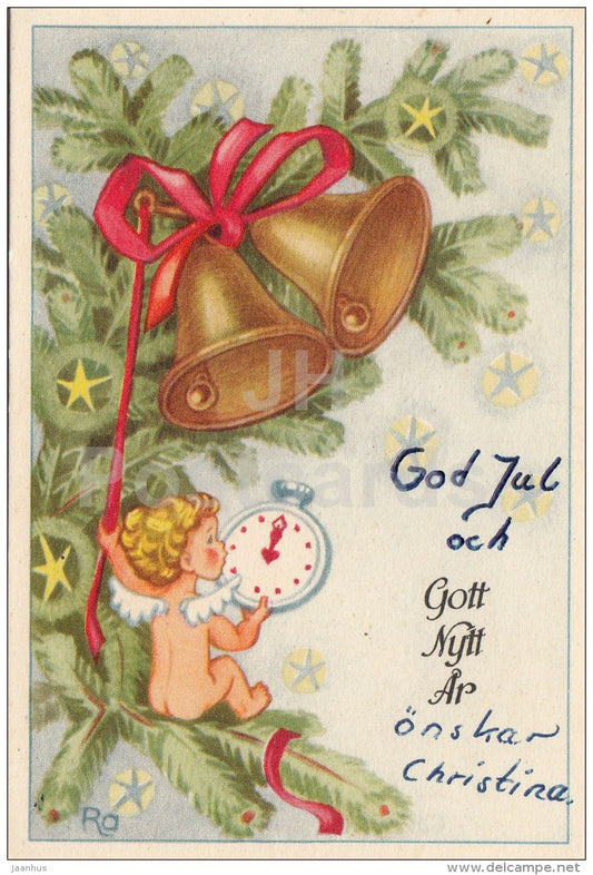 mini Christmas Greeting Card - christmas bell  - angel - Sweden - used - JH Postcards