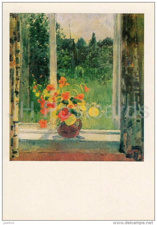 painting by Y. Podlyasky - Hot Day . Nasturtiums , 1970 - flowers - Russian art - 1977 - Russia USSR - unused - JH Postcards