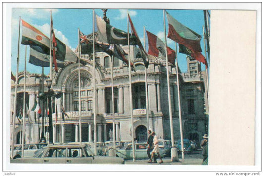 Palace of Fine Arts - cars - flags - 1970 - Mexico - unused - JH Postcards