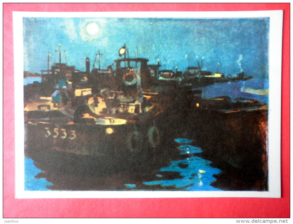 illustration by Y. Tulin - Caravan at night Sheksna river - Volga & Baltic Waterway - 1966 - Russia USSR - unused - JH Postcards