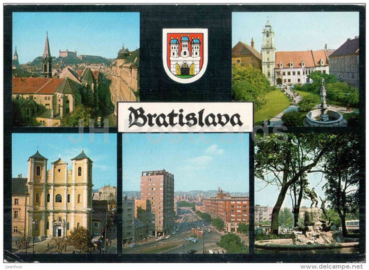 Bratislava - castle - Rolandova fountain - 4. April square - church - Czechoslovakia - Slovakia - used 1972 - JH Postcards