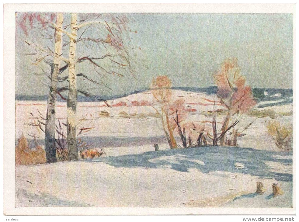 painting by L. Gerasimov - 2 - Spring Again - landscape - birch trees - russian art - unused - JH Postcards