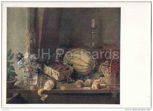 painting by I. Khrutsky - Flowers and Fruits . Still Life - grape - pumpkin - russian art - unused - JH Postcards