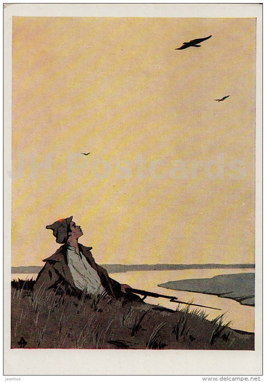 illustration by D. Dmitriyev - soldier - Orlyenok - Red Army - Songs of Civil War - 1962 - Russia USSR - unused - JH Postcards