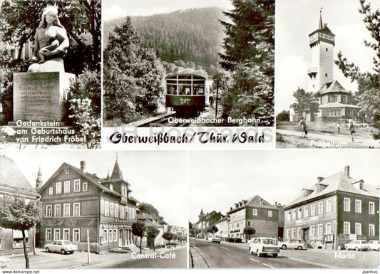 Oberweissbach - Thur Wald - Bergbahn - funicular - Friedrich Frobel - Markt - old postcard - Germany DDR - unused - JH Postcards