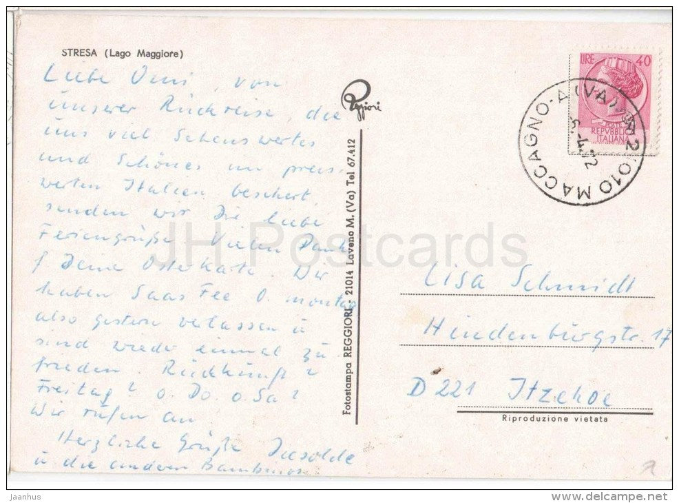 beach - spiaggia - Lago Maggiore Stresa - Verbania - Piemonte - Italia - Italy - sent from Italy to Germany 1972 - JH Postcards