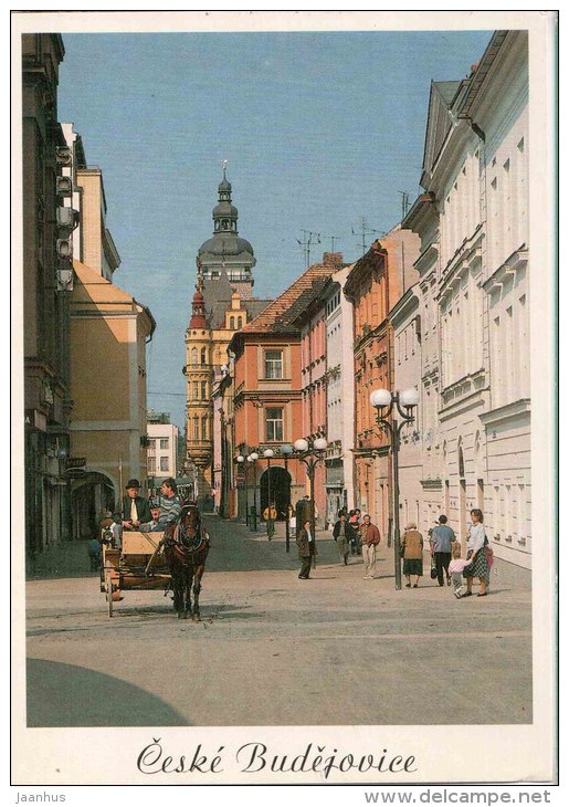 Dr. Stejskala - pedestrian zone - horse carriage - Ceske Budejovice - Czech - used 1995 - JH Postcards