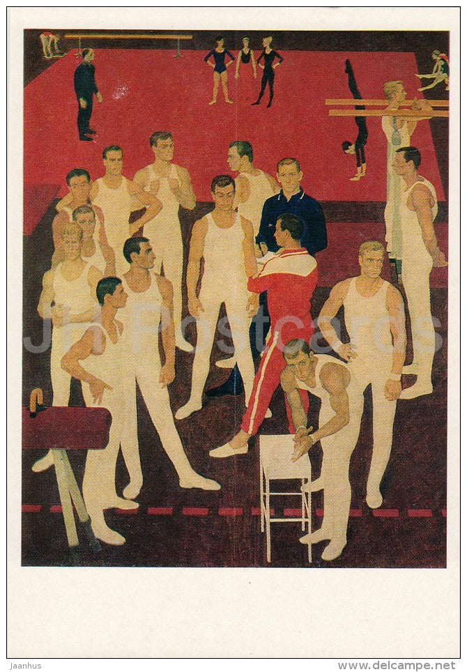 painting by D. Zhilinsky - USSR Gymnasts , 1964 - sport - Russian art - 1986 - Russia USSR - unused - JH Postcards