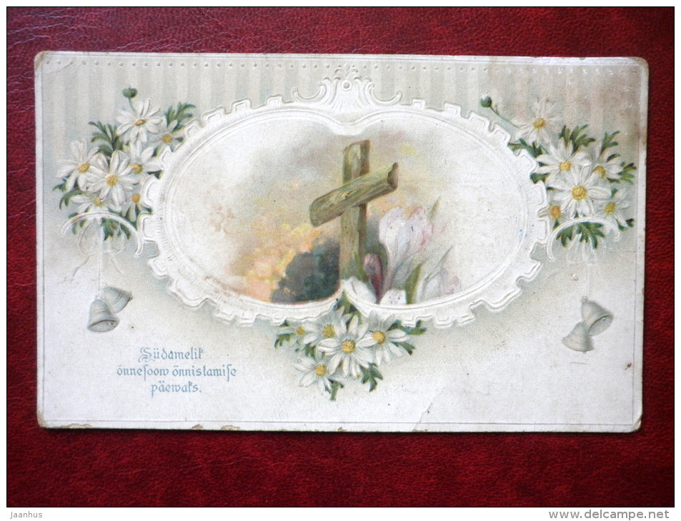Confirmation Greeting Card - cross - daisies - bells - flowers - embossed - old postcard - Estonia - used - JH Postcards