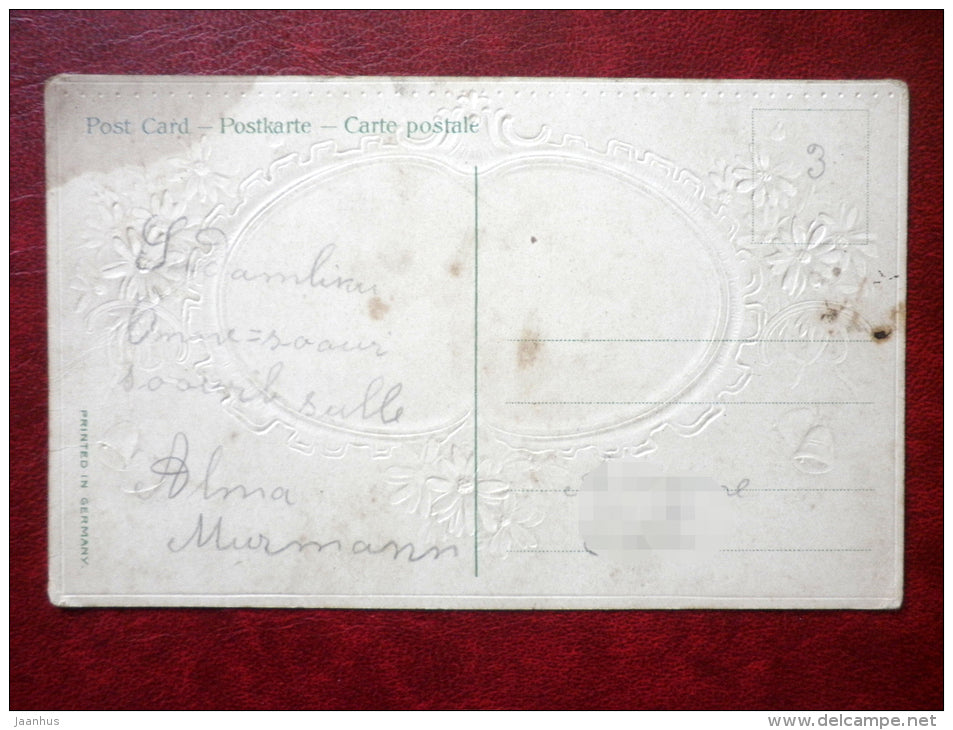 Confirmation Greeting Card - cross - daisies - bells - flowers - embossed - old postcard - Estonia - used - JH Postcards