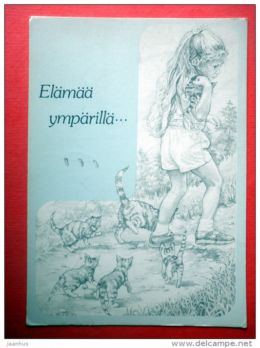 illustration by Ruffing - girl and cats - kitten- CEPT - 5221/2 - Finland - sent from Finland Turku to Estonia USSR 1985 - JH Postcards