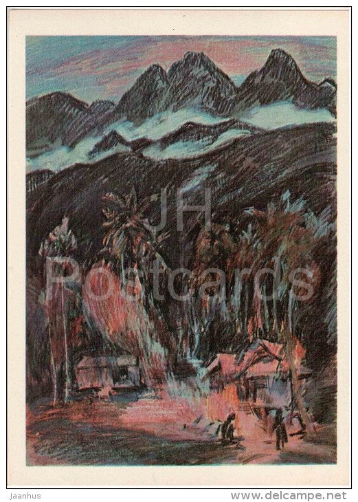 paintings by M. Plakhov and B. Alekseyev - Fires in the village Bongu - Pacific - 1979 - Russia USSR - unused - JH Postcards