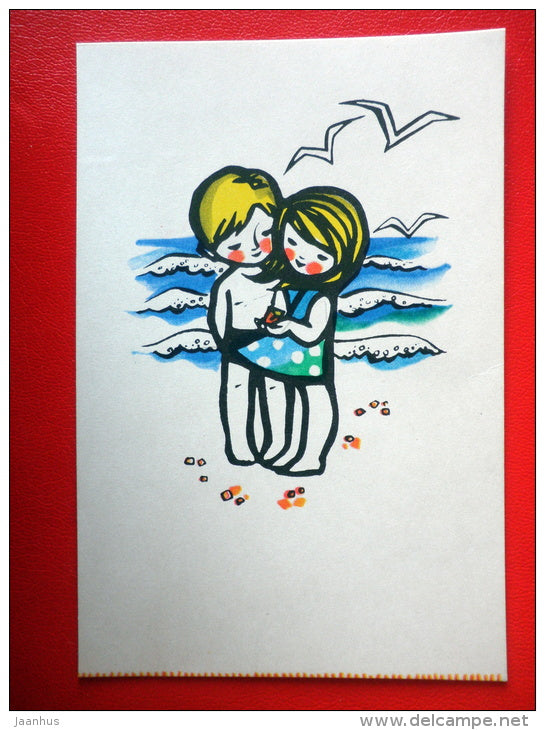 illustration by A. Skliutaskaite - collecting Amber - girl and boy - Ambers - 1967 - Russia USSR - unused - JH Postcards