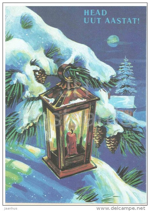 New Year greeting card by M. Slonov - lamp - candle - winter - stationery - 1991 - Estonia USSR - used - JH Postcards