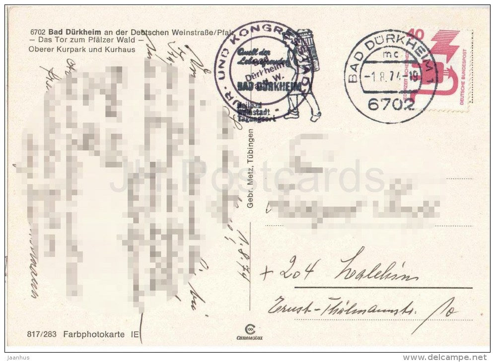 Bad Dürkheim an der Deutschen Weinstrasse - Oberer Kurpark und Kurhaus - Germany - 1974 gelaufen - JH Postcards