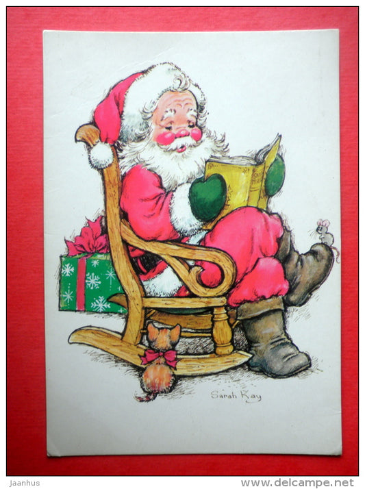 Christmas Greeting Card by Sarah Kay - Santa Claus - cat - gift - Finland - circulated in Finland 1976 - JH Postcards