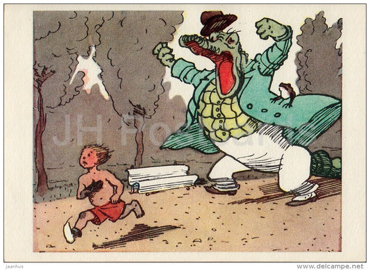 illustration - boy - crocodile - Moydodyr by K. Chukovsky - Wash-'em-Clean - fairy tale - 1970 - Russia USSR - unused - JH Postcards