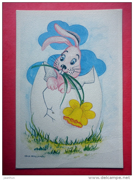Easter Greeting Card by Leila Myllymäki - hare - egg - daffodil - Finland - circulated in Finland - JH Postcards