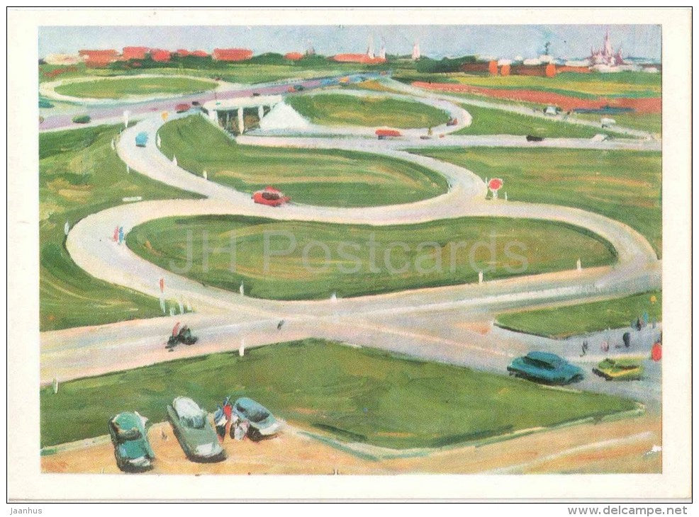 illustration by G. Manizer - Minsk highway intersection with the Koltsevaya Road - Moscow - 1975 - Russia USSR - unused - JH Postcards