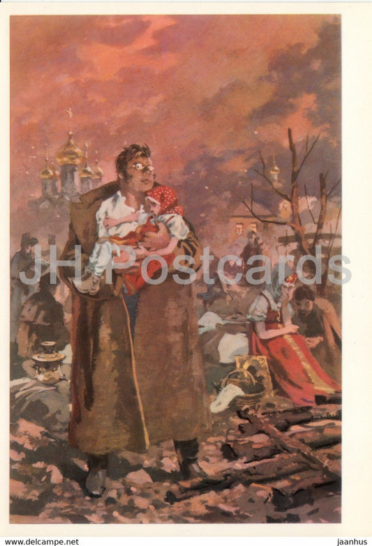 illustration by A. Nikolayev - Pierre fire - War and Peace by L. Tolstoy - large format card 1974 - Russia USSR - unused - JH Postcards