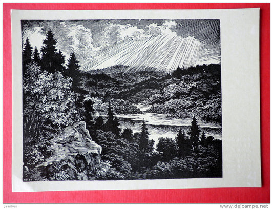 engraving by Arturs Duburs - The Gauja Valley near Raiskums - latvian art - unused - JH Postcards