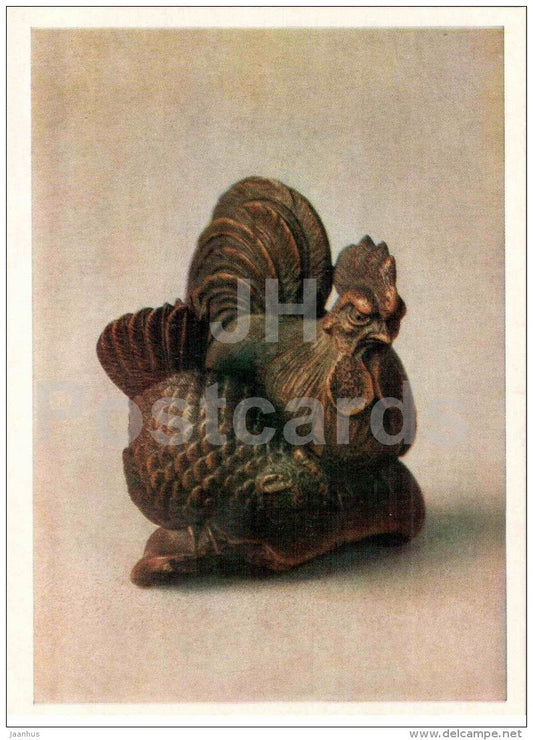 Rooster and chicken on the tiles by Suzuki Masanao - wood - Netsuke - japanese art - unused - JH Postcards