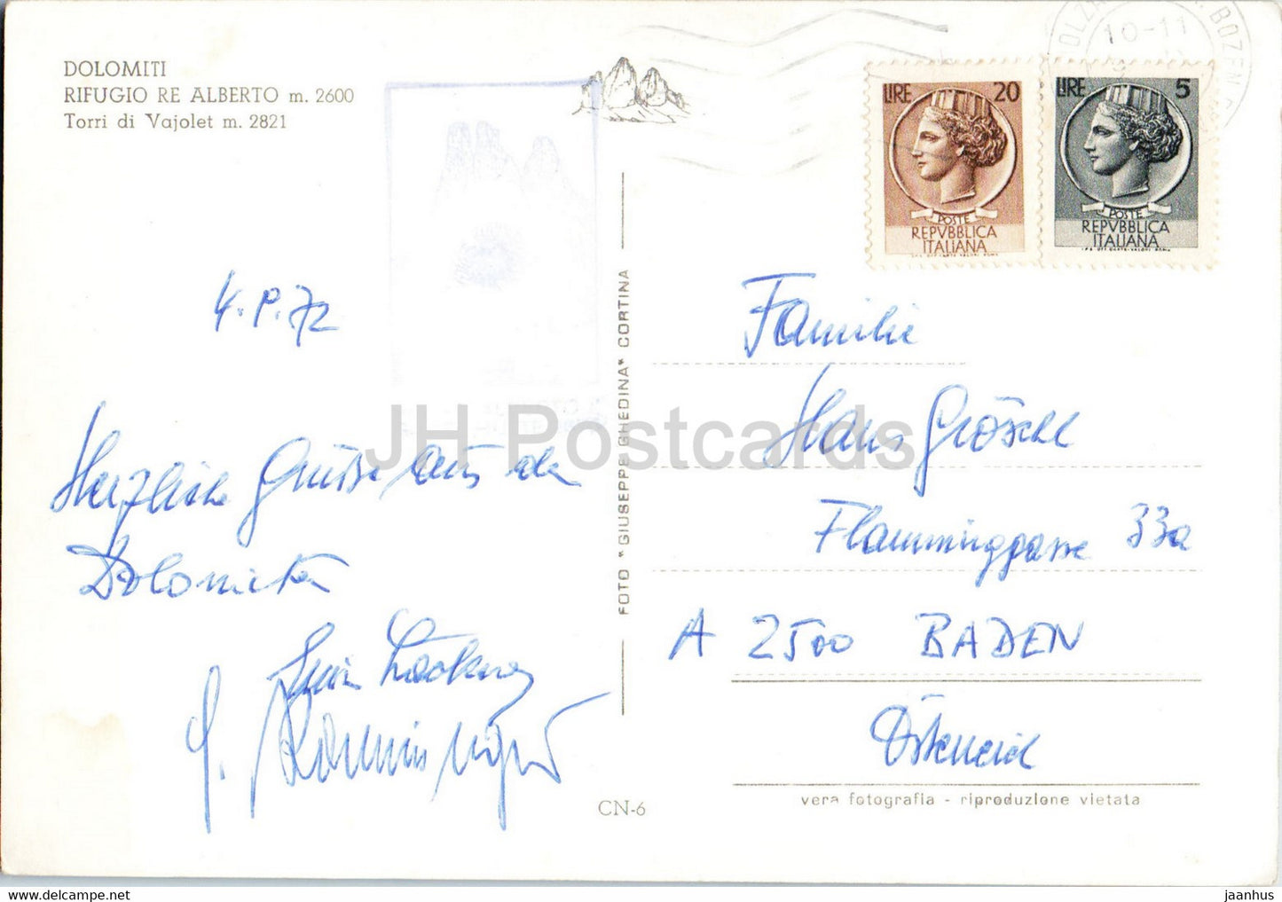Dolomiti - Rifugio Re Alberto - Torri di Vajolet - 1972 - Italy - used