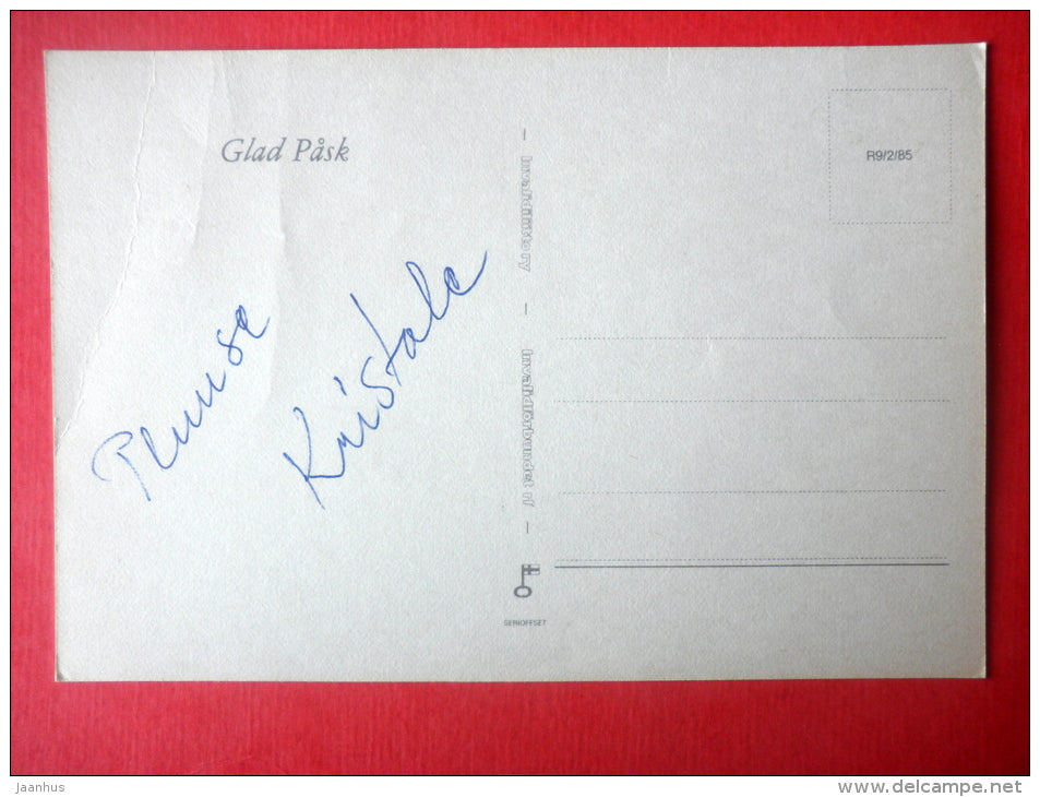 Easter Greeting Card by Leila Myllymäki - hare - egg - daffodil - Finland - circulated in Finland - JH Postcards