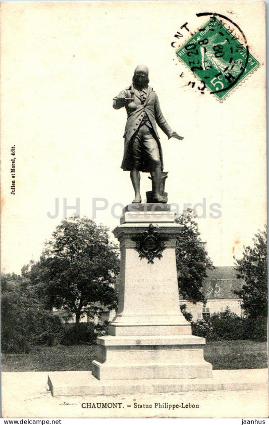 Chaumont - Statue Philippe Lebon - monument - old postcard - 1909 - France - used - JH Postcards