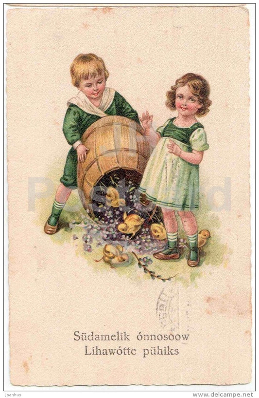 Easter greeting card - chicken - children - barrel - EAS M. 492 - circulated in Estonia - JH Postcards