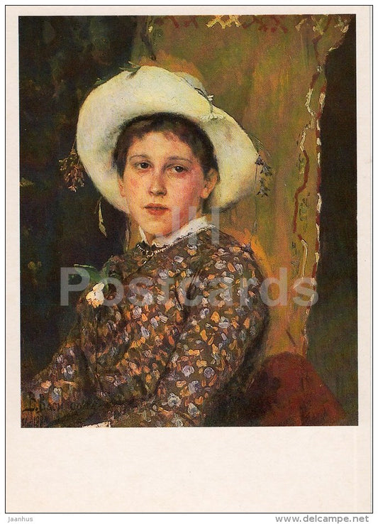 painting by V. Vasnetsov - Portrait of Tatyana Mamontova , 1884 - hat - Russian art - 1986 - Russia USSR - unused - JH Postcards