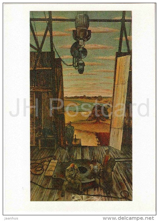 painting by G. Vaschenko - In the Polesye District . Oilmen , 1973 - russian art - unused - JH Postcards