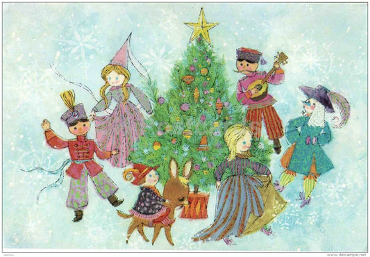 Christmas Greeting Card - children aroun the Christmas Tree - illustration - used - JH Postcards