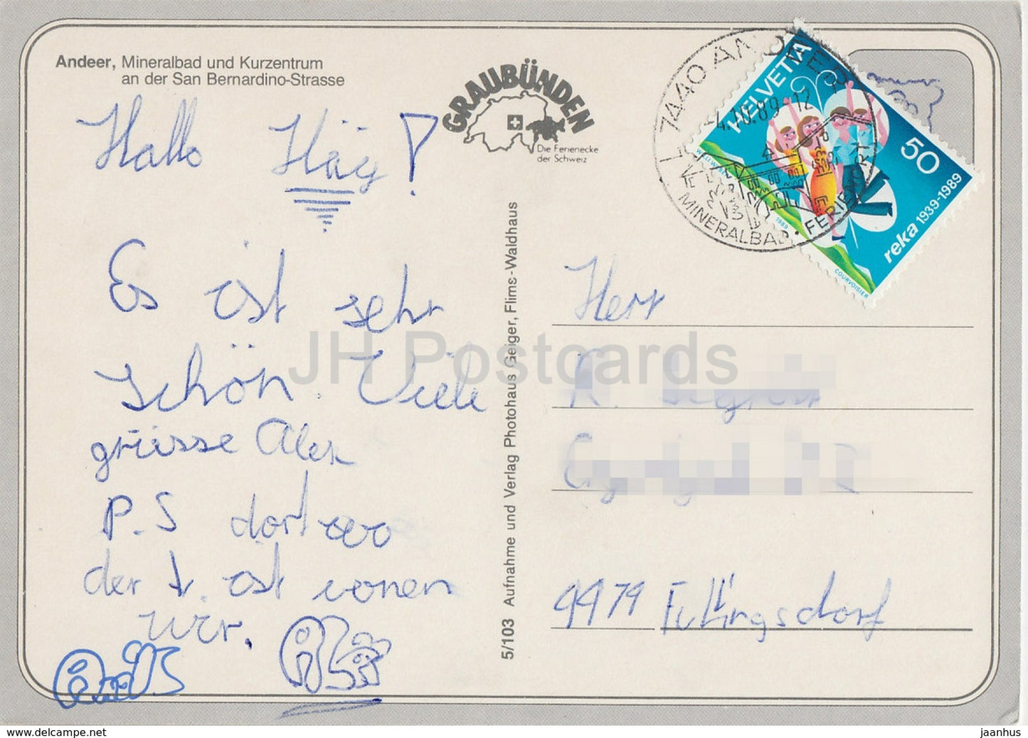 Andeer Mineralbad und Kurzentrum an der San Bernardino Strasse - 1989 - Switzerland - used