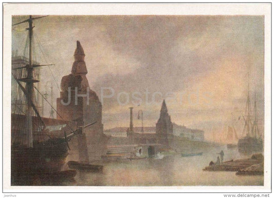 painting by M. Vorobyev - View of the pier with Egyptian sphinxes - sailing ship - St. Petersburg - russian art - unused - JH Postcards