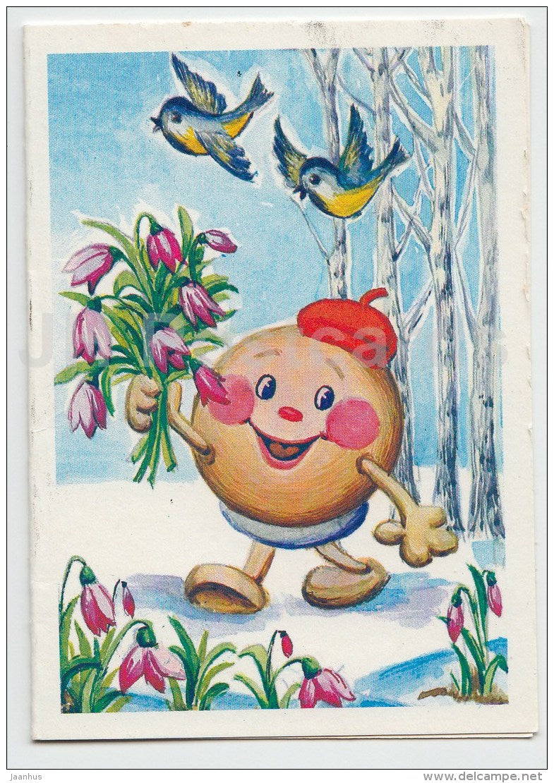 8 March International Women's Day mini greeting card by I. Lobova - Kolobok - birds - 1988 - Russia USSR - unused - JH Postcards
