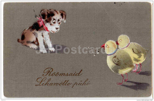 Easter greeting card - dog - poppy - chicken - old postcard - circulated in Estonia - JH Postcards