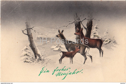 New Year Greeting Card - Ein Frohes Neujahr - winter - deer - animal- HWB SER 153 - old postcard - 1922 - Germany - used - JH Postcards